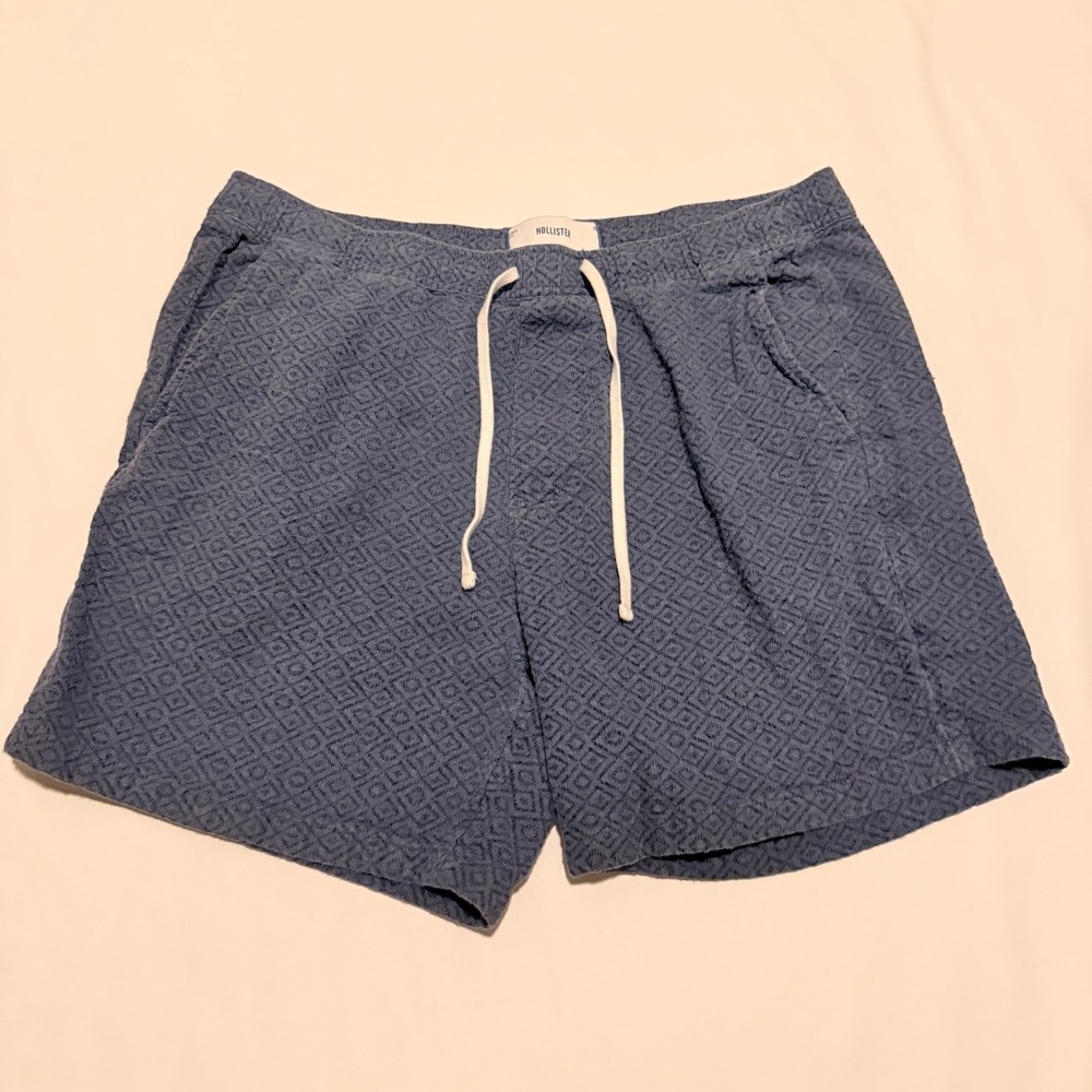Hollister Knit Shorts Mens XL Blue Geometric Diamond Pattern Elastic Waist 6in